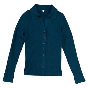 Margaret O’Leary Ribbed Polo Cardi Dark Blue Green Teal Size Small